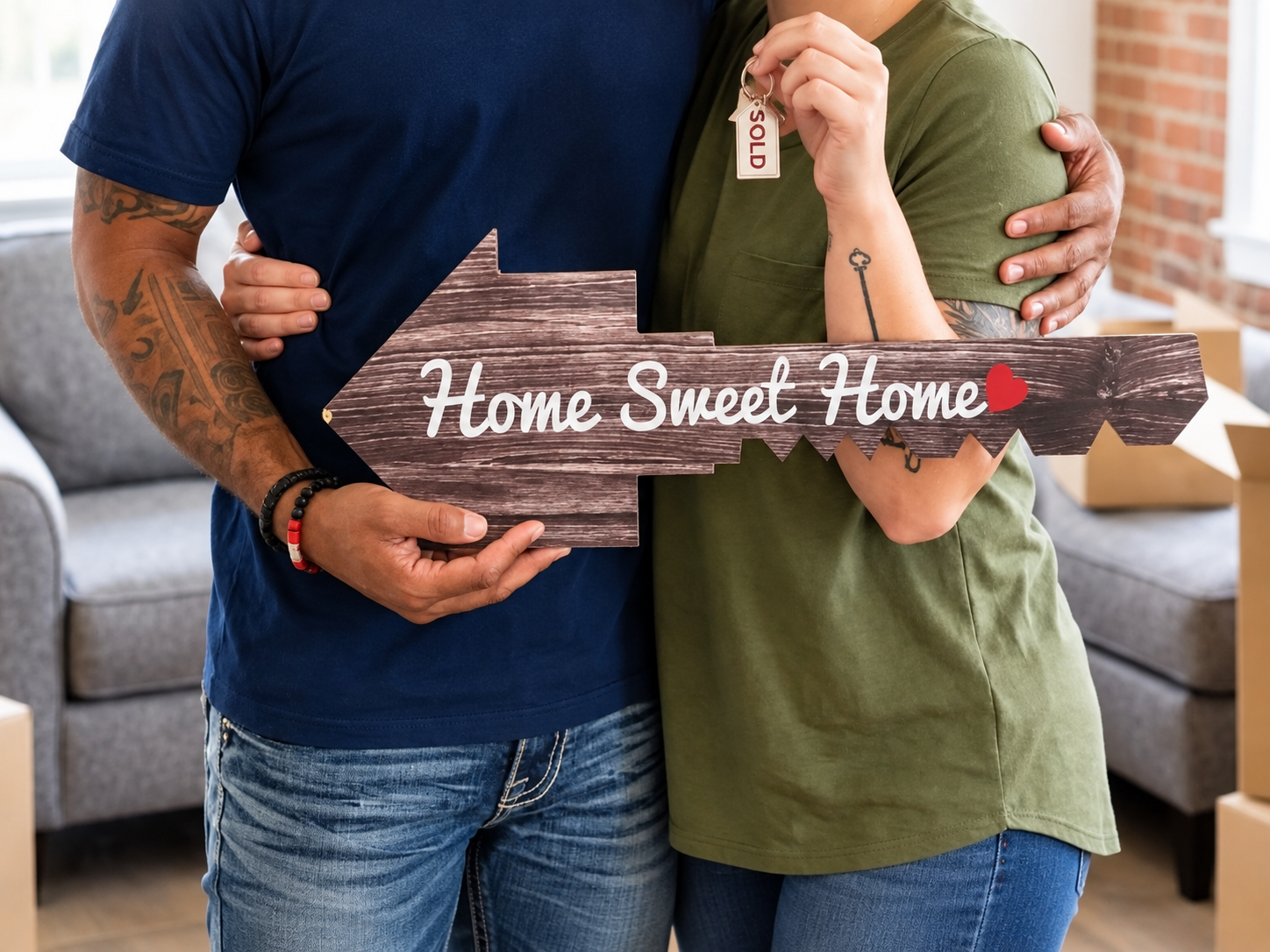 A couple holding an oversized Home Sweet Home house key sign