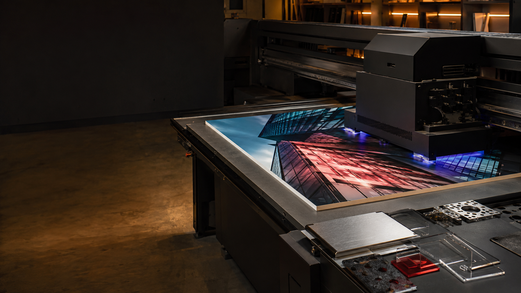 Large-format flatbed printer producing an architectural graphic
