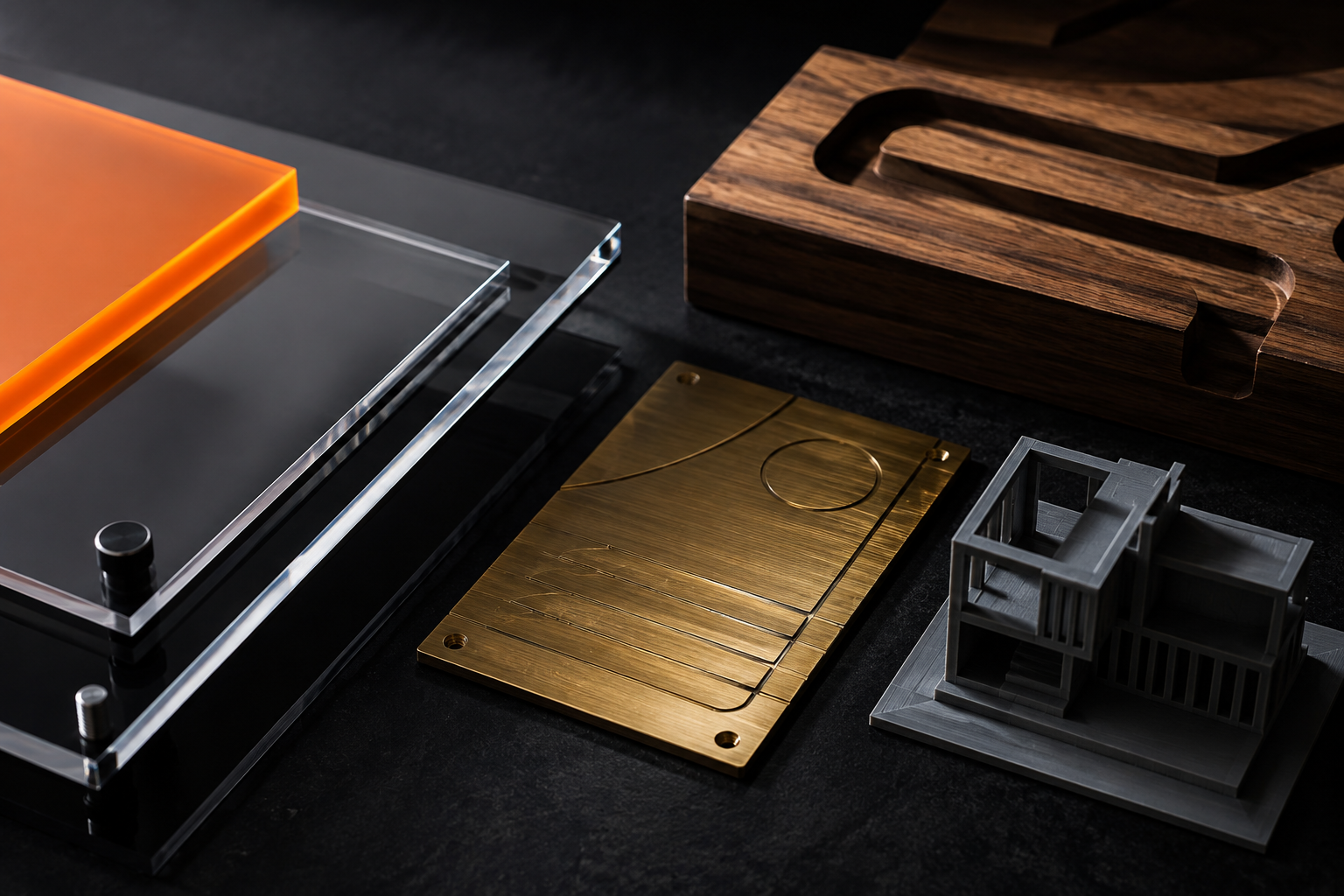 Acrylic, brass, wood, and 3D-printed fabrication samples